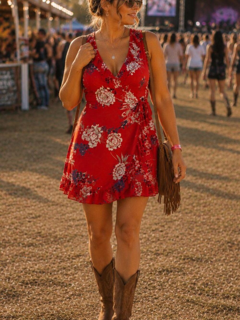 Red Floral Wrap Dress with Ruffle V-Neck